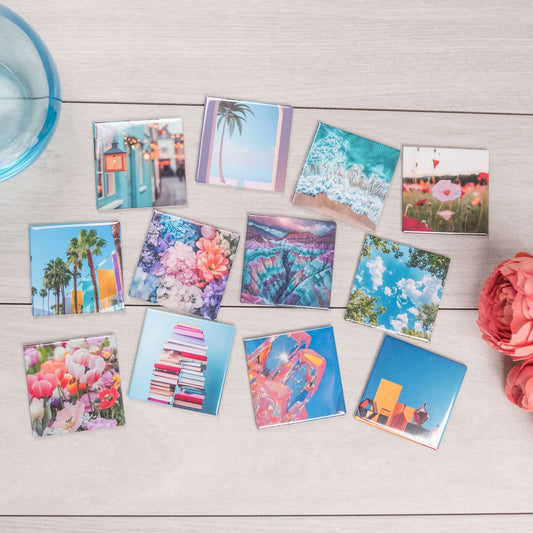 Custom photo magnets: bright vivid photo magnets flatlay with props