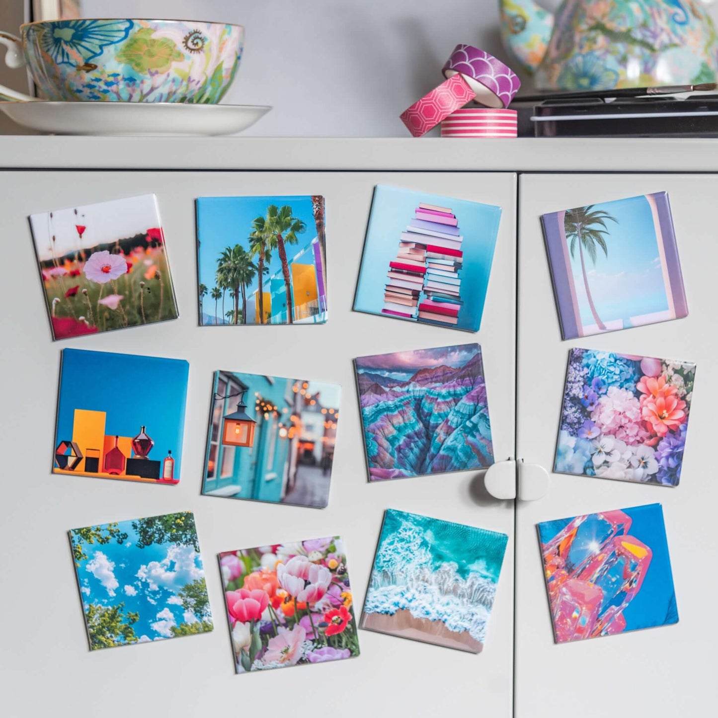 Custom photo magnets: bright vivid photo magnets on side of magnetic cabinet
