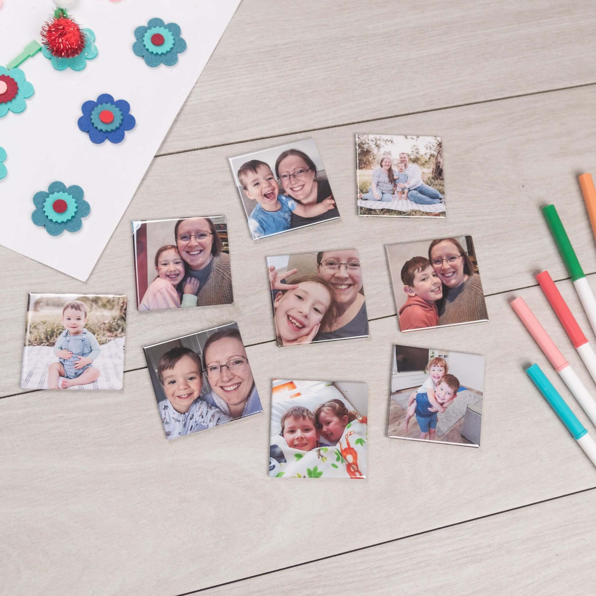 Custom photo magnets: family magnets with textas and paper craft flatlay