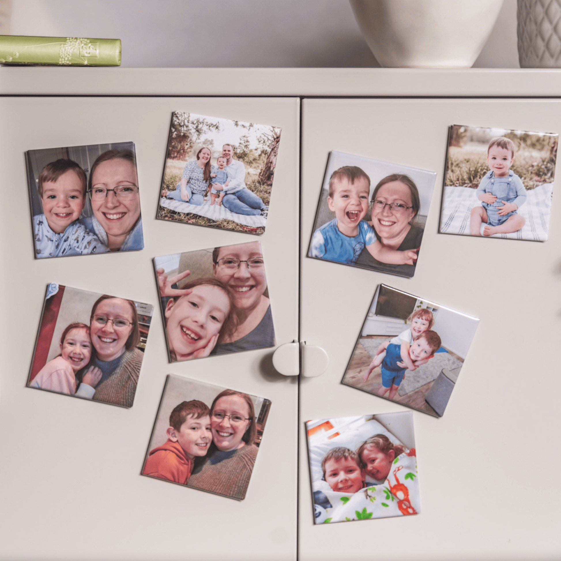 Custom photo magnets: family magnets on side of magnetic cabinet