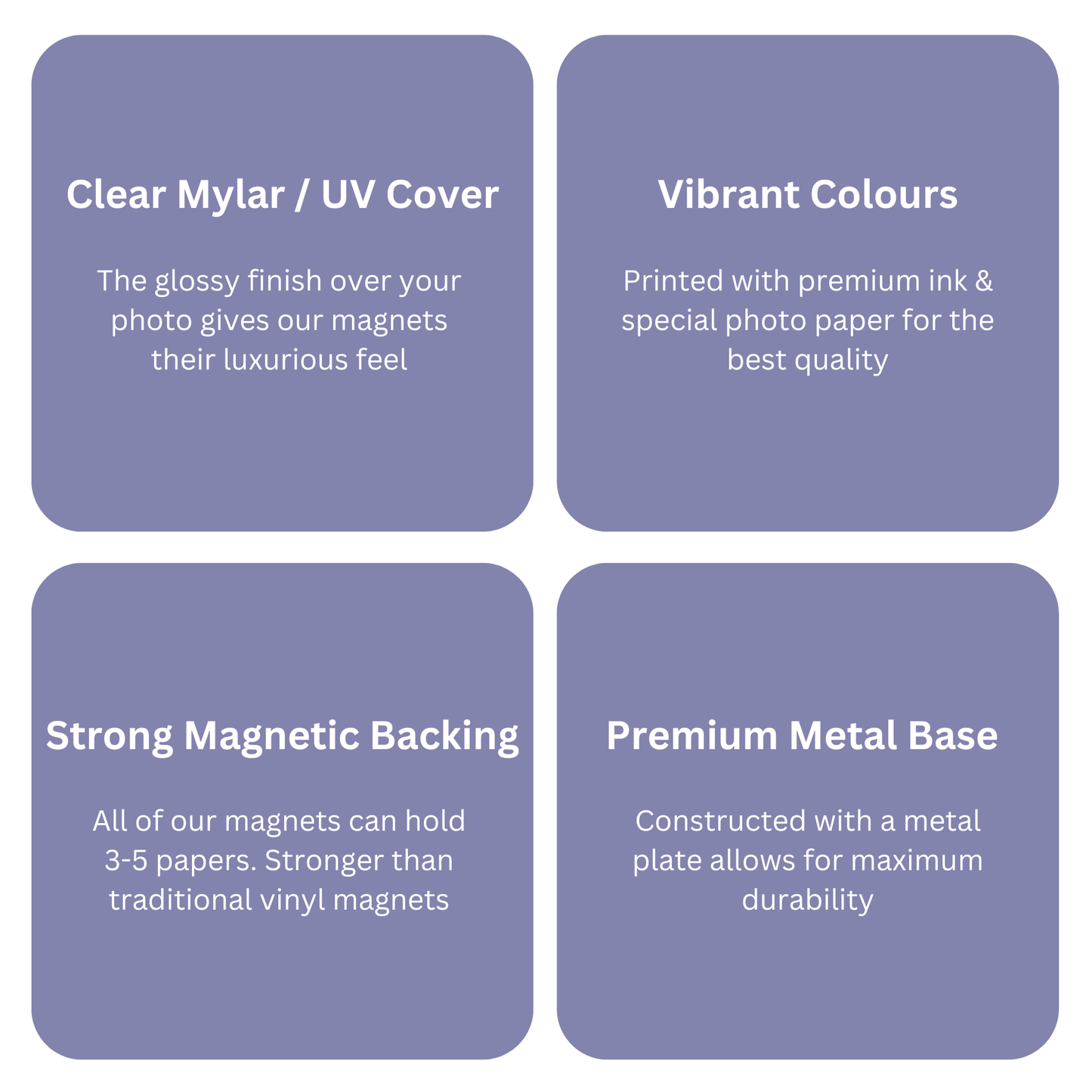 Custom photo magnets: image showing 4 features of magnets including clear mylar, vibrant colours, strong magnetic backing and premium metal base