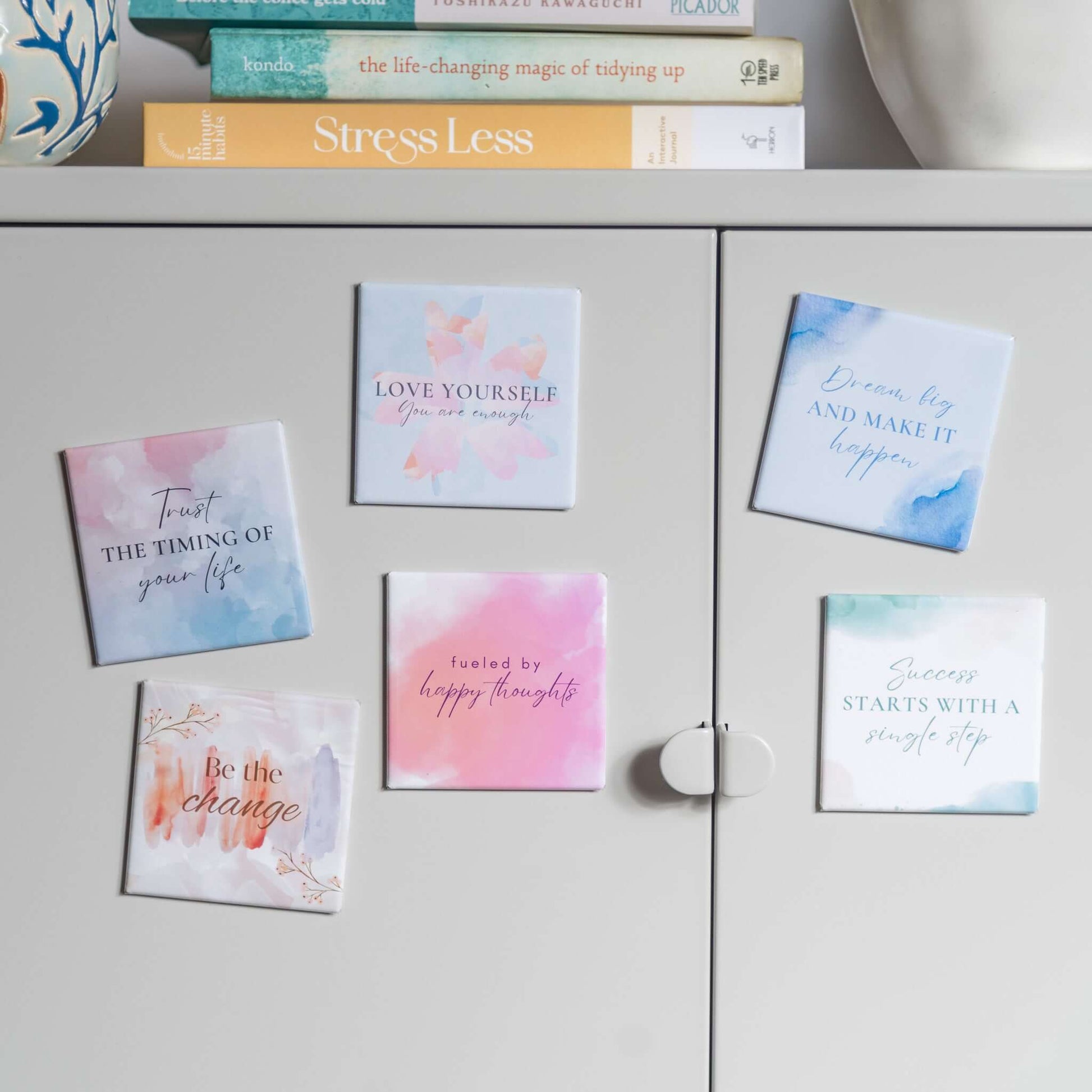 Custom photo magnets: inspirational quotes on magnets on side of magnetic cabinet