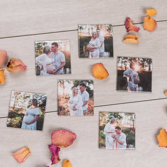 Custom photo magnets: maternity magnets with orange petals flatlay