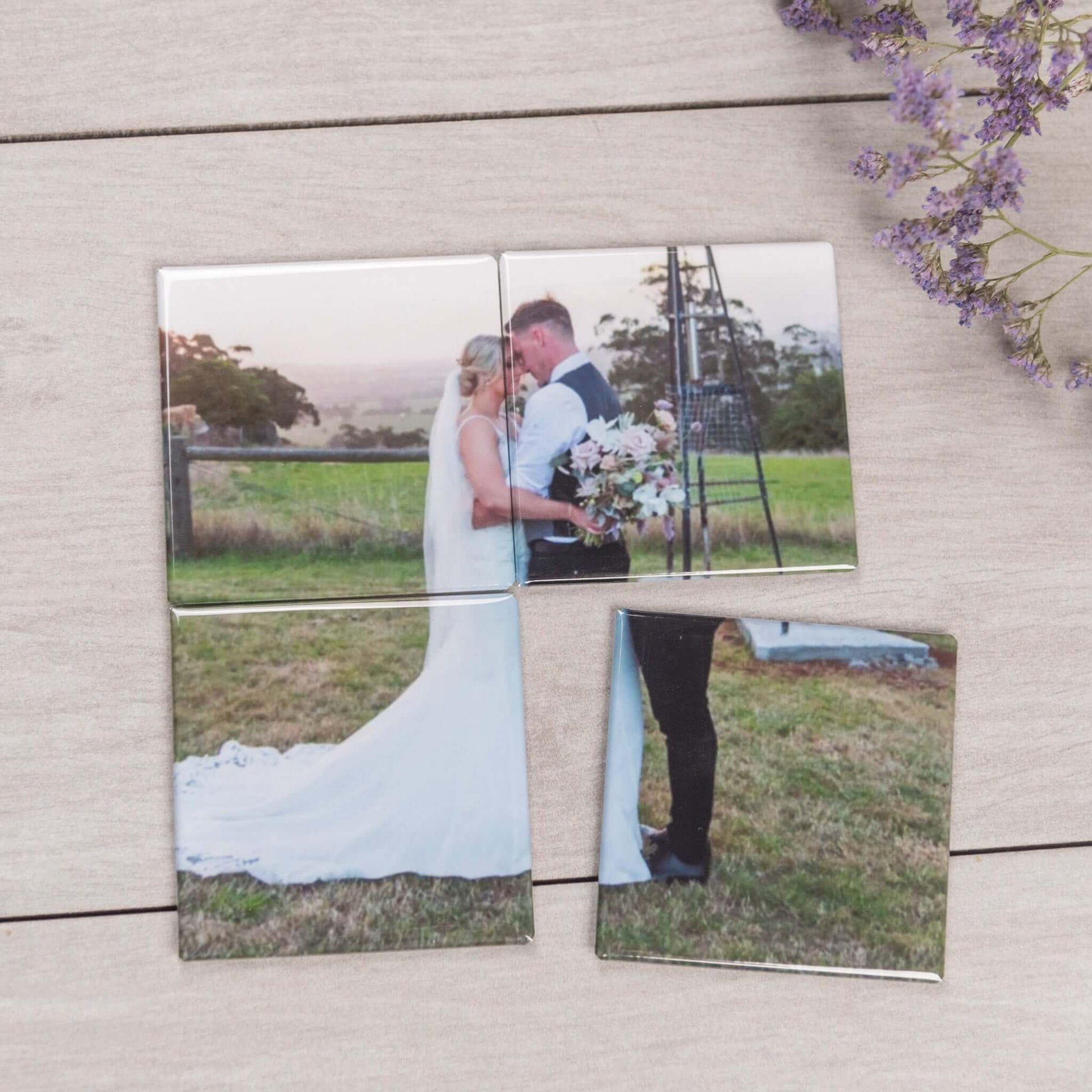 Custom photo magnets: wedding photo created into a 4 piece magnet puzzle flatlay