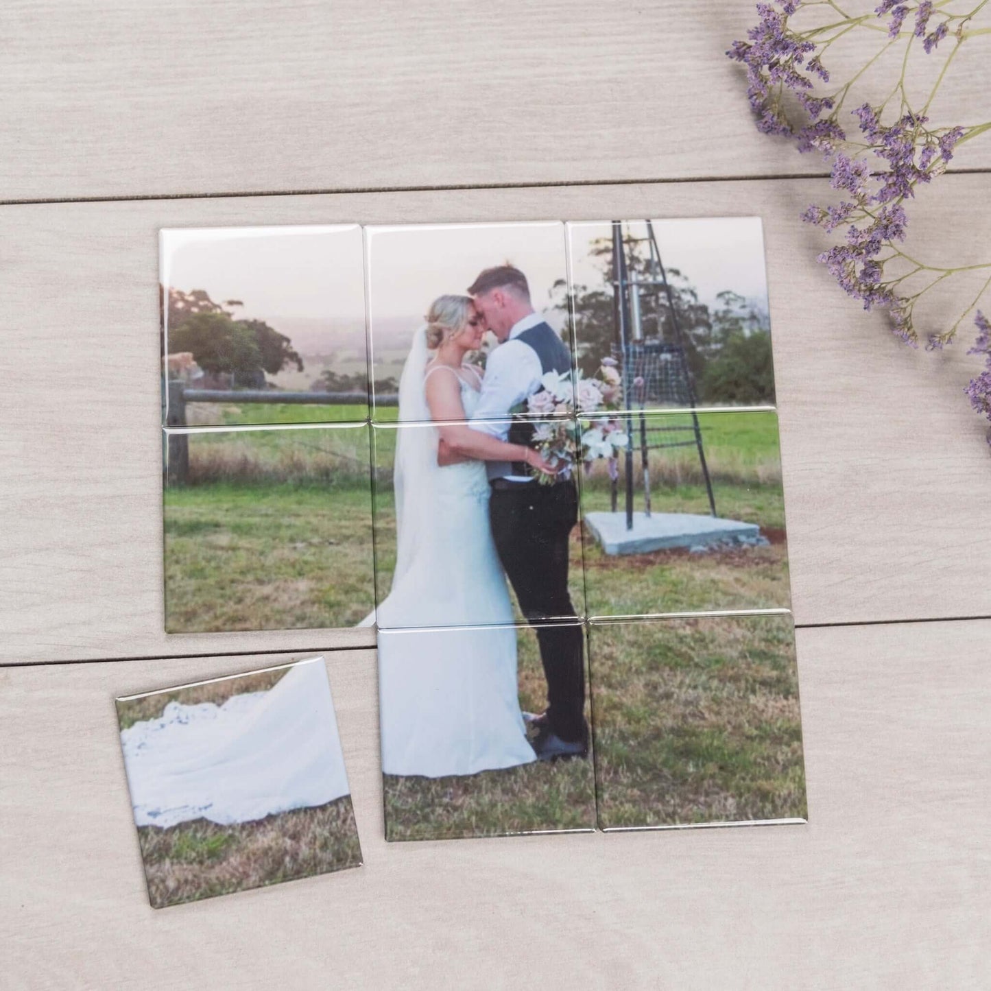 Custom photo magnets: wedding photo created into a 9 piece magnet puzzle flatlay