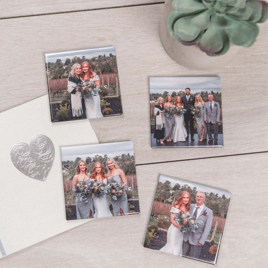 Custom photo magnets: wedding magnets with card and plant flatlay