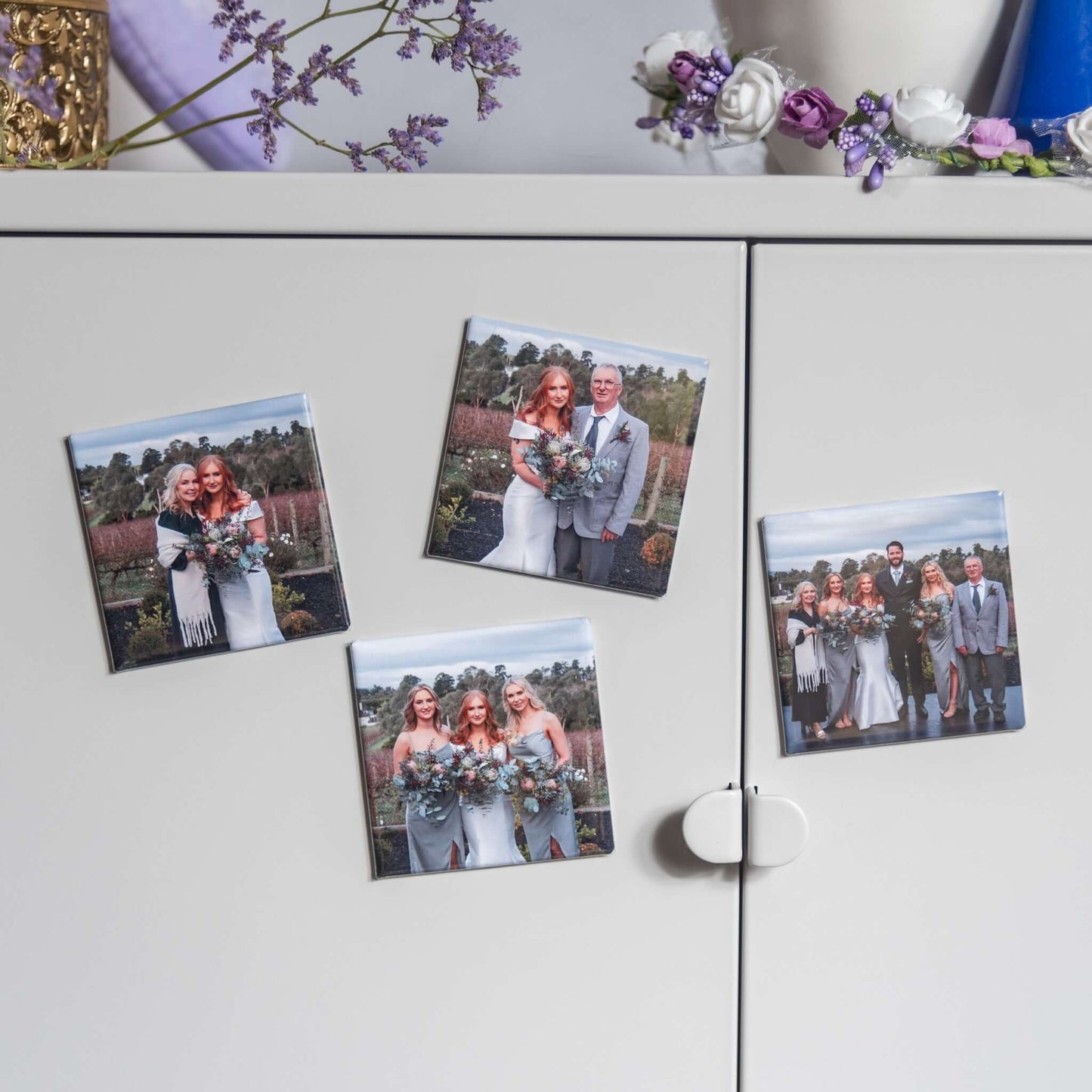 Custom photo magnets: wedding magnets on side of magnetic cabinet